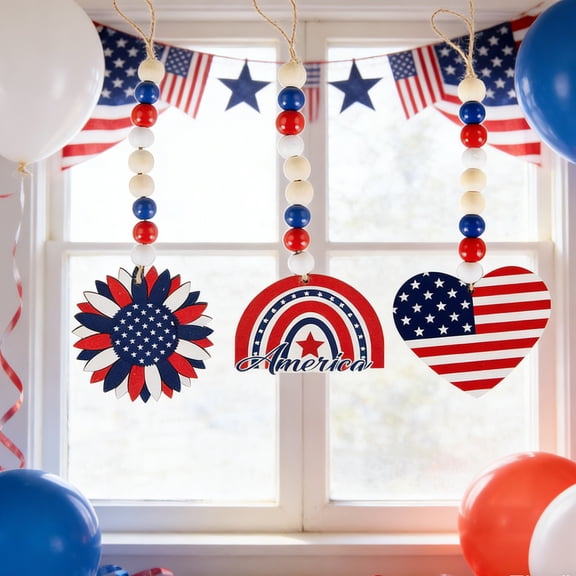 Independence Day Wooden Bead Hanging Ornament, Patriotic Rope String, Red White Blue Accents, Lightweight Rustic Decor For Porch Mantel Wall, Photo Friendly Party Accent, Indoor Outdoor Display