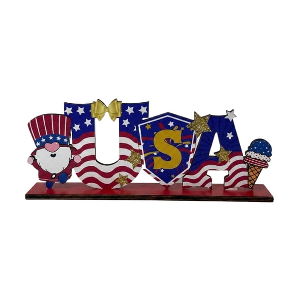 Independence Day Wooden Decor, Creative USA Letter Sign Cartoon Style Tabletop Ornament, Rustic Wooden Craft for Desktop Layout and Festival Decoration