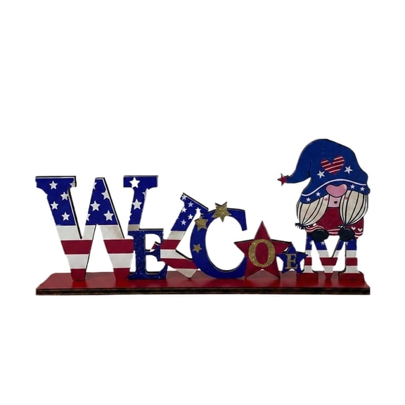 Independence Day Wooden Decor, Creative WELCOME Letter Sign Cartoon Style Tabletop Ornament, Rustic Wooden Craft for Desktop Layout and Festival Decoration
