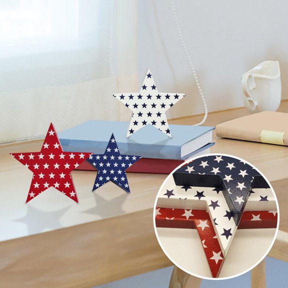 Independence Day Wooden Decorations Creative Desktop Decor 3Pc - 3 Wooden Stars, Festive American Flag Theme Design - For Office, Home, 4Th Of July Party, Tabletop Display