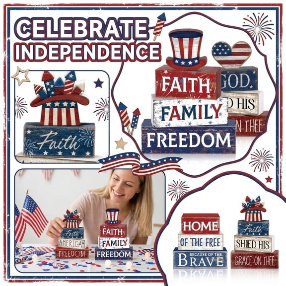 Independence Day Wooden Desktop Ornament, Vintage Distressed Square Letter Decorative Ornament