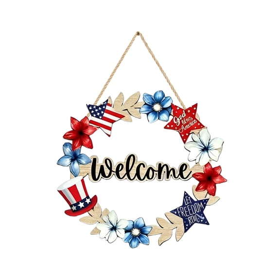 Independence Day Wooden Front Door Welcome Star Wreath Round Patriotic Door Decoration 11.81x11.81 Inches 1 Piece