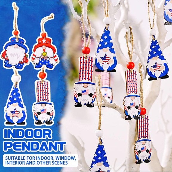 Independence Day Wooden Hanging Ornaments 12-Piece Set, 2D Flat Decorative Pendants For Desktop Display And Tree Hanging, Featuring American Holiday Themed Gnomes And Firecracker