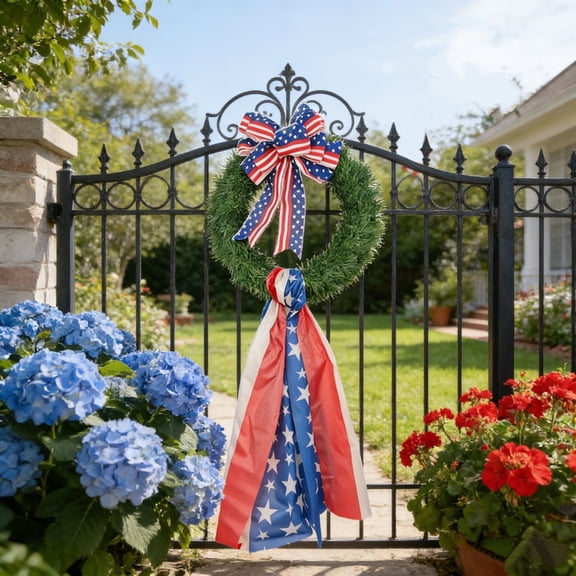 Independence Day Wreath 14.6In Patriotic Star Themed 4th Of July Decorations Front Door Decor for Wall Mantel Party Table Summer Holiday Home Decor Patriotic Celebration Party Favors