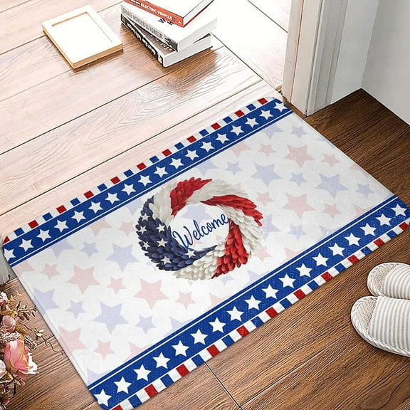 Independence Day Wreath Door Mat 4th of July American Flag Welcome Rug for Patriotic Decor Indoor Outdoor 16 x 24 Inch