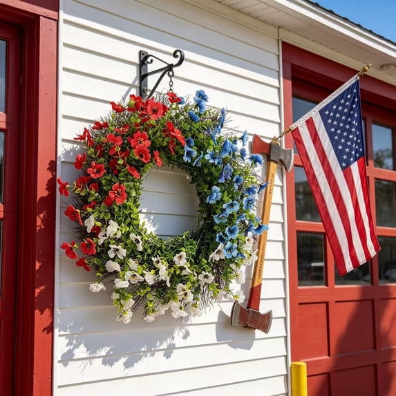 Independence Day Wreath for Front Door 4th of July Decorations Patriotic Artificial Red White Blue Front Door Hanging Decor, Patriotic Home Decoration, 17x17 Inches