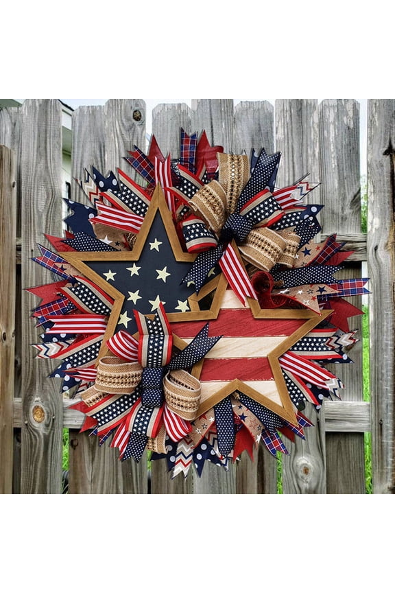 Independence Day Wreath Patriotic Red White Blue Tulip Garland with Stars, 4th of July Front Door Wreath for Memorial Day Veteran Day Outdoor Wall Decor