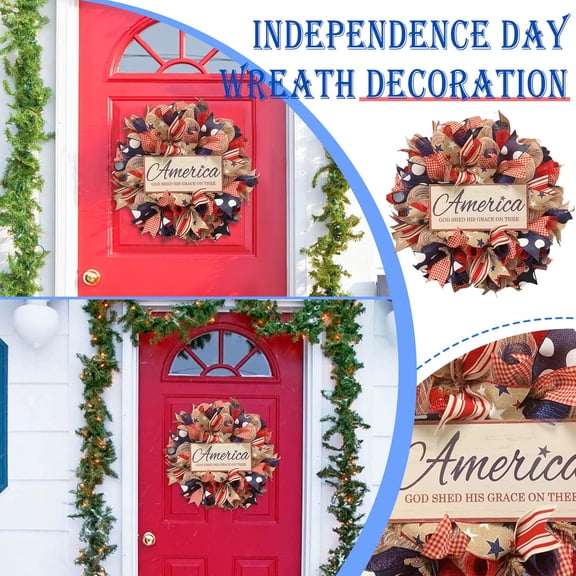 Independence Day Wreath Porch Decoration For Front Door, Outdoor Hanging Wreath Decor With Usa Themed Elements, 1Pc American Patriotic Wreath For Holiday Celebrations And Home