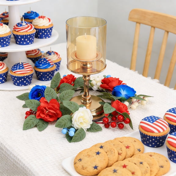Independence Day Wreath, Staron Patriotic Front Door Hanging Decor, Plastic Multicolor Holiday Floral Wreath for Windows Porches Machine Washable