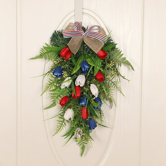 Independence Day Wreath Tulip Upside Down Tree For Front Door 4th of July Patriotic Day Red White Blue Wreath Memorial Day Patriotic Wreath Window Wall Hanging Home Party Decor Festival Celebration D
