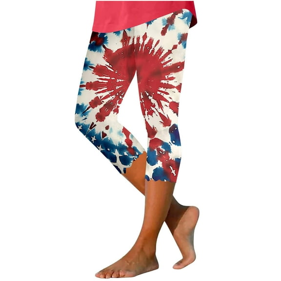 Independence Day Yoga Capris for Womens Summer Plus Size Usa Flag Star Printed Patriotic Leggings High Waisted Put On Strech Sweatpant Athletic-Fit Tummy Control Gym Yoga Capris