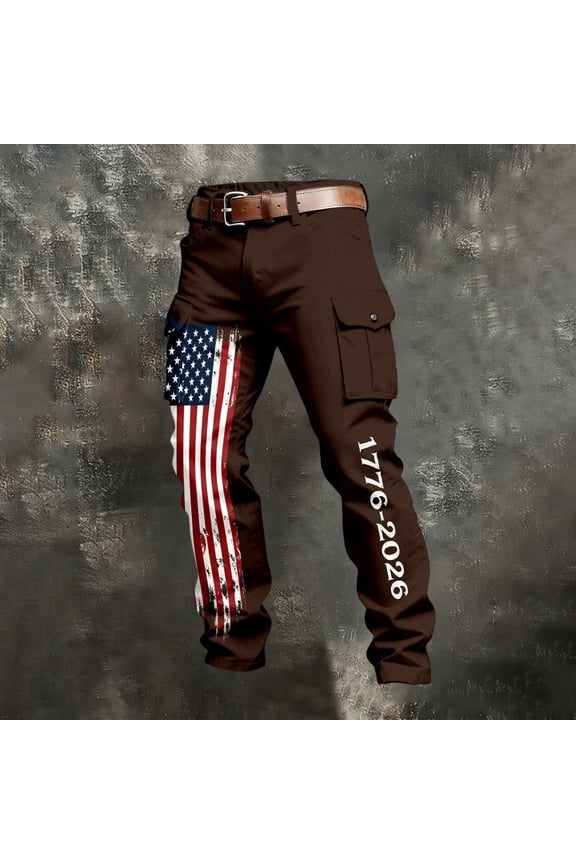 Independence Days Cargo Pants for Men 250th Anniversary USA Work Pants Outdoor Belt Trousers Coffee L