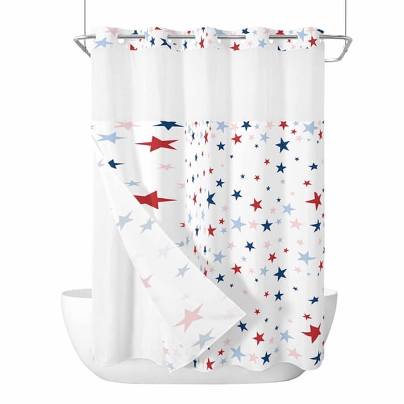 Independence Five-pointed Star Shining No Hook Shower Curtain Waterproof,Bathroom Curtains with Snap in Liners and See Through Top Window,White American Flag Day Bathtub Curtains Shower 48"Wx72"L
