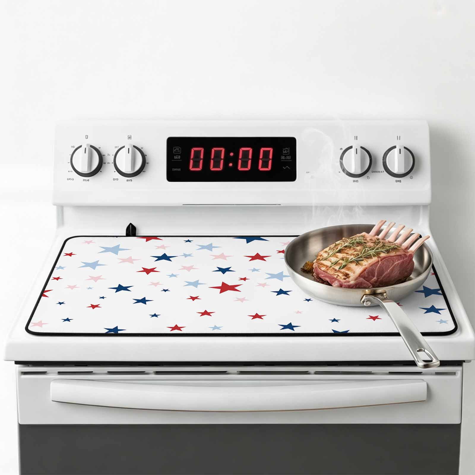 Independence Five-pointed Star Shining Stove Top Cover for Electric Stove, Heat-proof & Non Slip Glass Top Stove Cover Protector, White American Flag Day Kitchen Flat Cooktop Rubber Mat 24x21 Inches
