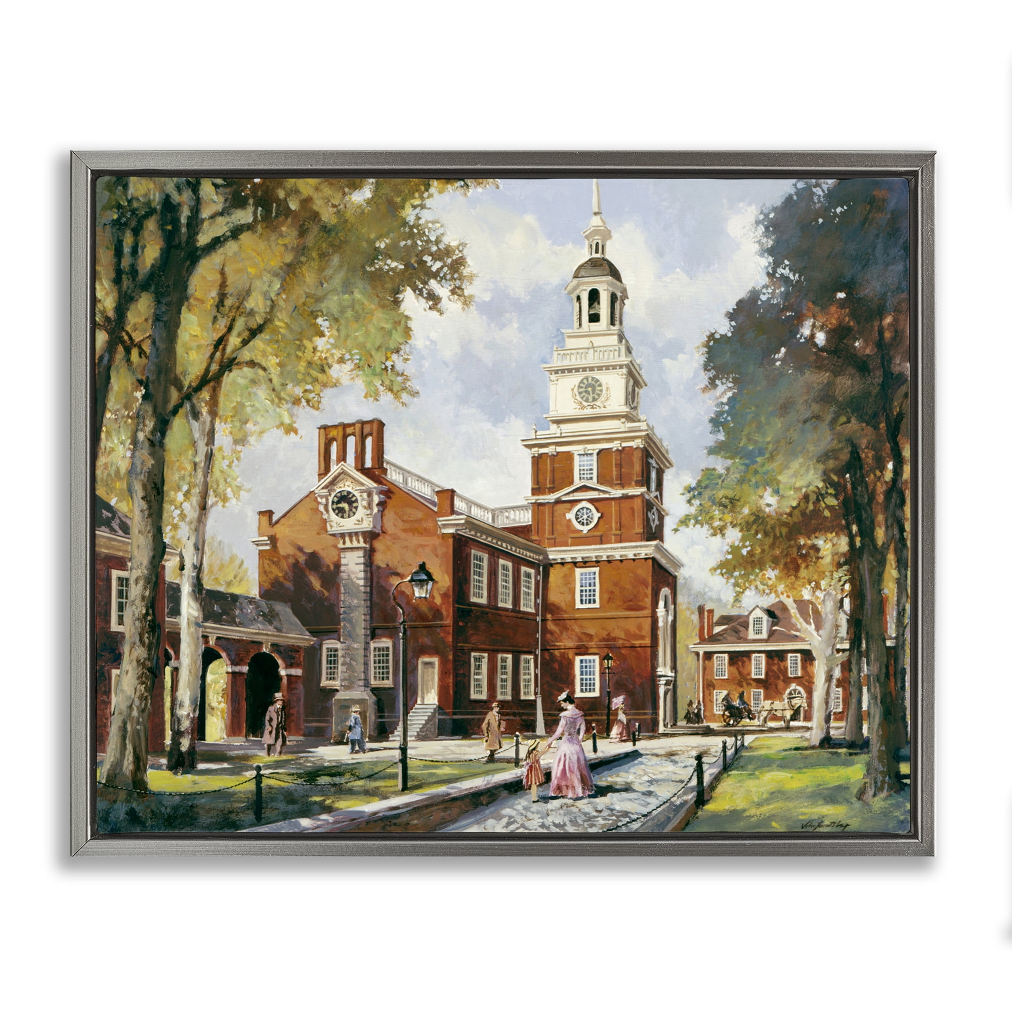 Independence Hall Colonial Times Gray Framed Floater Canvas Wall Art, design by Wind River Studios