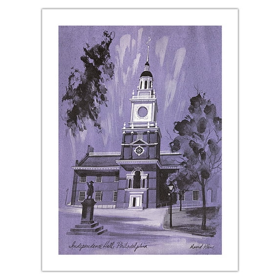 Independence Hall Philadelphia - Vintage Airline Travel Poster by David Klein c.1950s - Bamboo Fine Art 290gsm Paper (Unframed) 12x16in