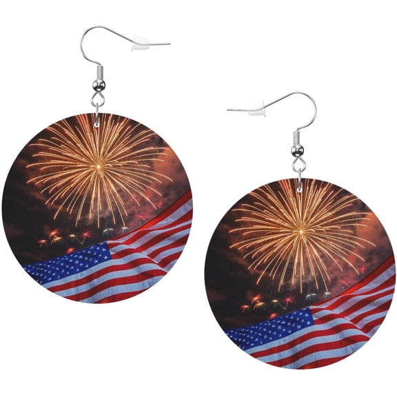 Independence Quality Day American Flag Earrings for Women PU Leather Dangle Earrings, Lightweight Round Shape Leather Teardrop Dangly Ear Pendants Jewelry Gift[x697]