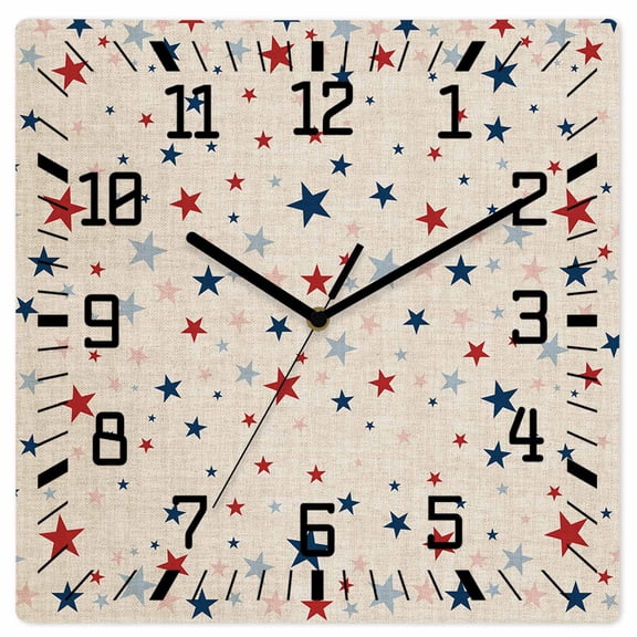Independence Star Shining Wooden Wall Clock Silent Non Ticking, Linen Burlap American Flag Day Square Wall Clocks Battery Operated, Decor Clock for Home Office Living Room Kitchen, 10 Inch