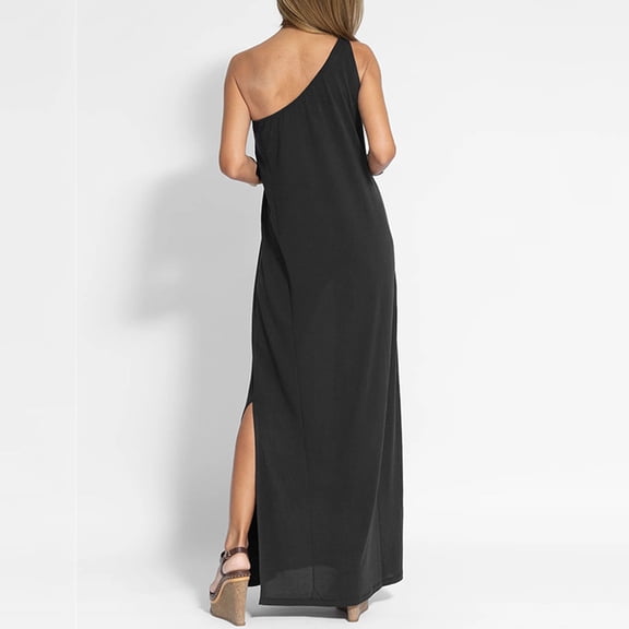 Independent Station Europe And The United States Foreign Trade Summer New Shoulder Slit Solid Color Fashion Vest Dress Women Woman Tan Dress Summer Dresses with Pockets Casual Stripped Dress Woman