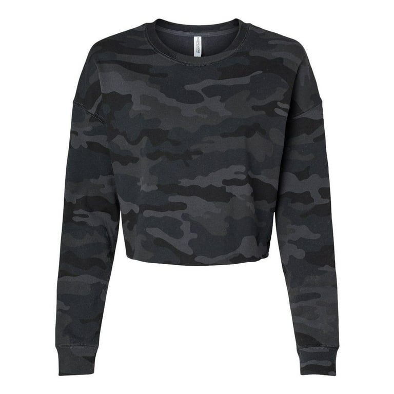 Independent Trading B03176982 Womens Lightweight Crop Crewneck Sweatshirt Black Camo Extra Small