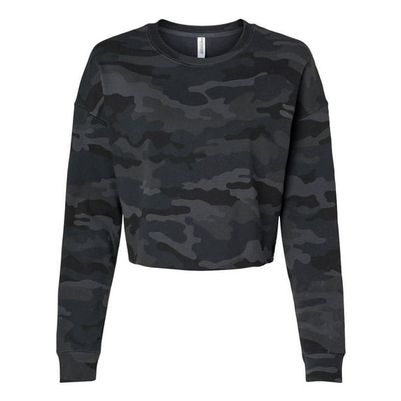 Independent Trading B03176985 Womens Lightweight Crop Crewneck Sweatshirt, Black Camo - Large
