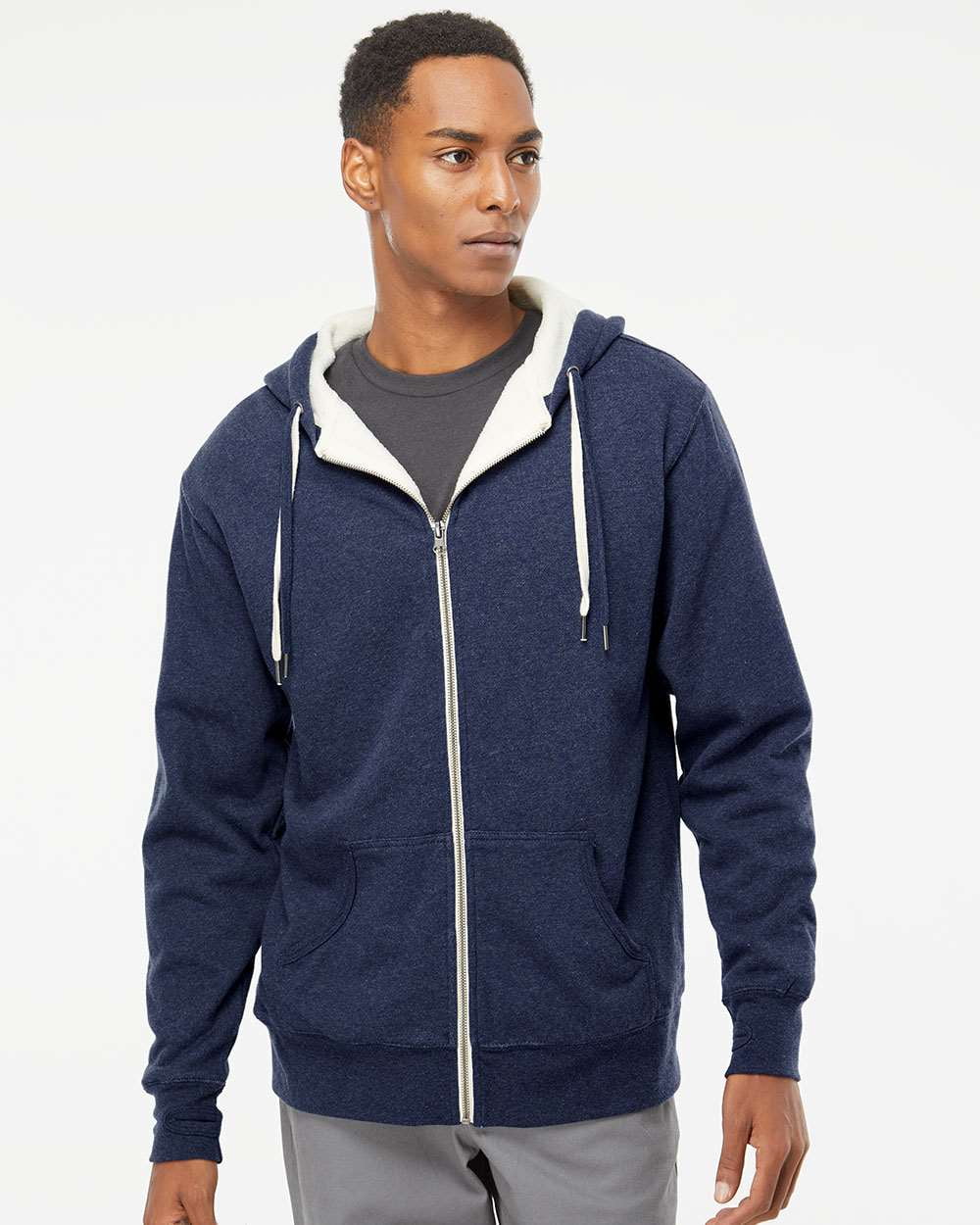 Independent Trading EXP90SHZ Unisex Heavyweight Sherpa Lined Heather Zip Hood Navy Heather 2X
