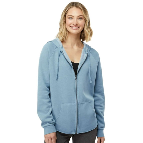 Independent Trading Co Women's Wave Wash Full-Zip Hooded Sweatshirt 52/48 Cotton/Polyester Winter Fleece Jackets (Misty Blue, M)