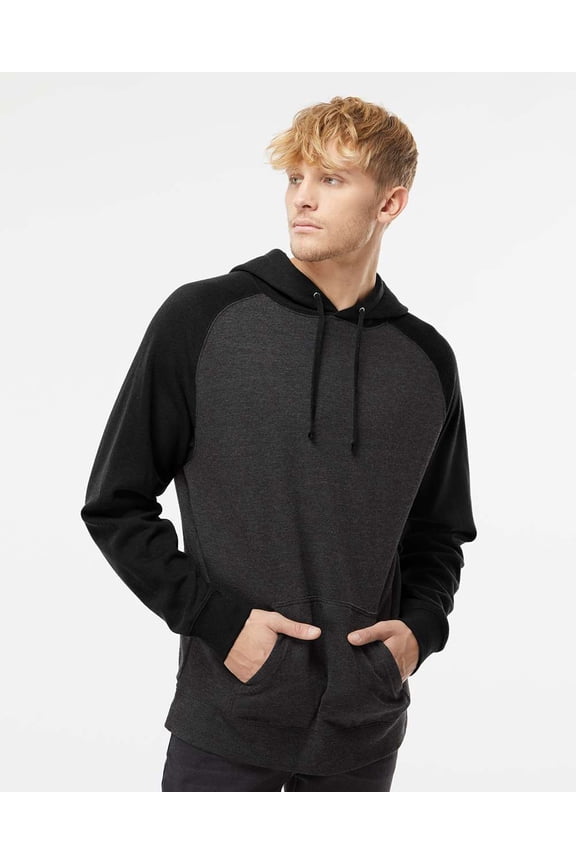mens Raglan Hooded Pullover (IND40RP) charcoal heather/ black L
