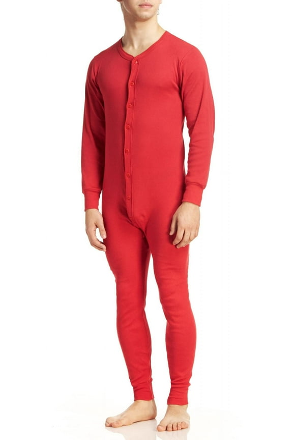 Men's Cotton Classic Rib Union Suit Pajamas, Red