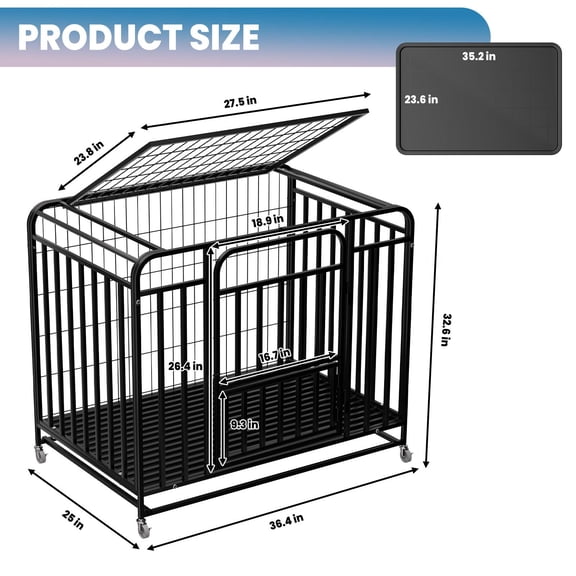 Indestructible Dog Cage 36.4 × 32.6 × 25 in, Escape-Proof Alloy Steel Dog Crate with Front & Top Doors, Lockable Wheels Pet Kennel for Home and Travel