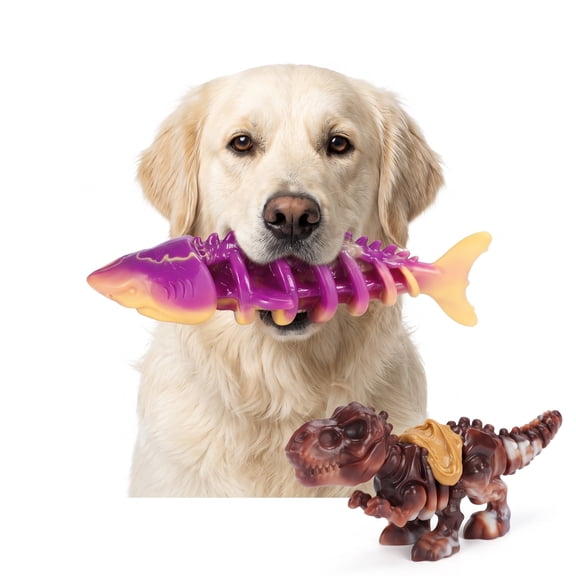 Indestructible Dog Chew Toys for Large Dogs 2 Pack, Shark and Dinosaur Tough Bone for Aggressive Chewers, Durable Bacon Flavored Teeth Cleaning Dog Toys