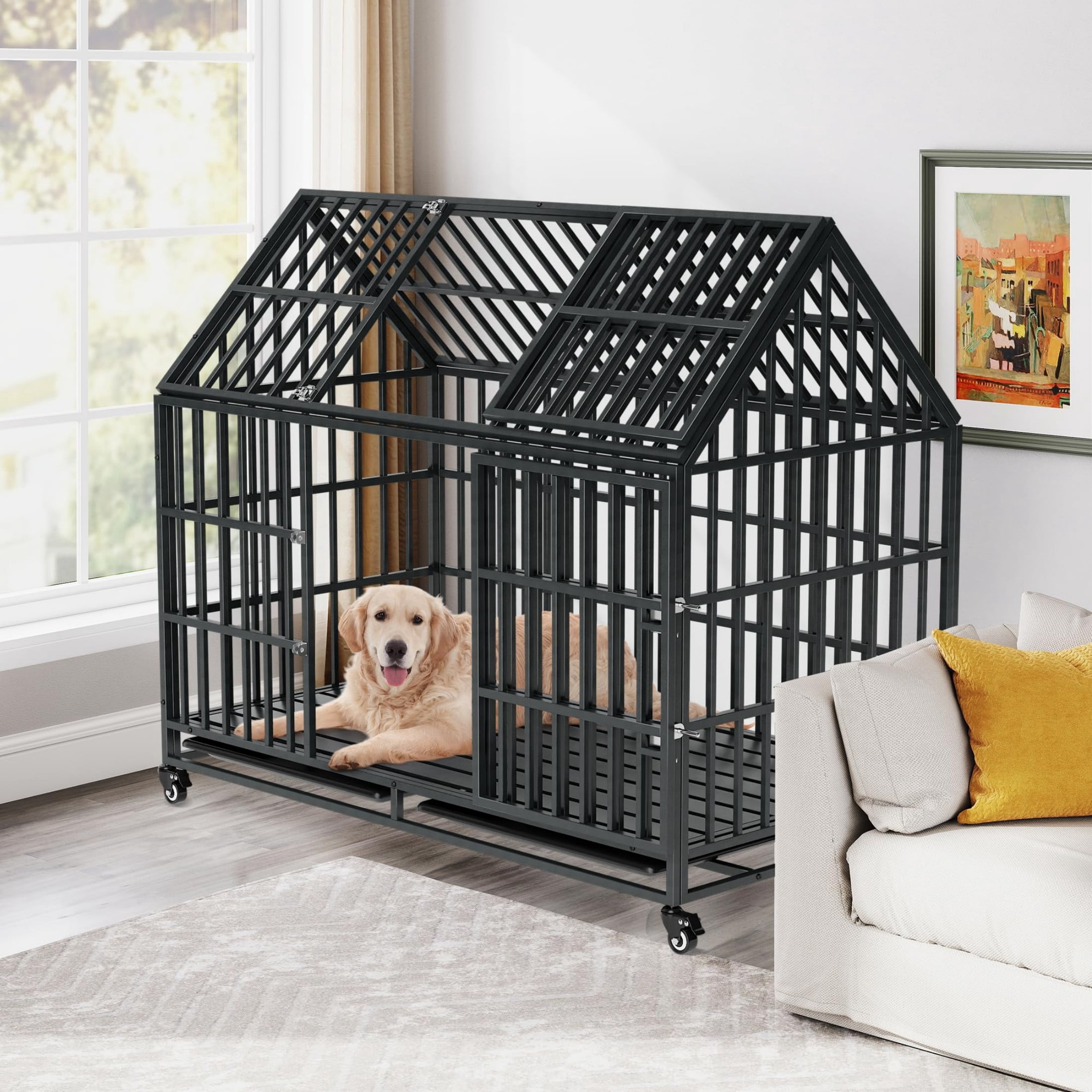 Indestructible Dog Crate with Divider – 54 Inch Heavy Duty Indoor Dog Kennel for Large Dogs, Steel XL Dog Cage with Double Door, Wheels & Removable Tray, Black
