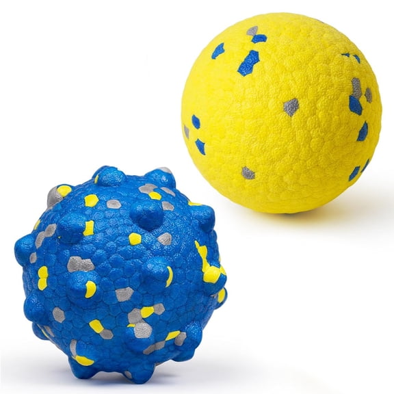Indestructible Dog Tennis Balls 2-Pack: Durable Bouncy Fetch Toys, 7.5cm/3" Diameter (Textured & Smooth), Floating for Outdoor Training - Yellow & Blue