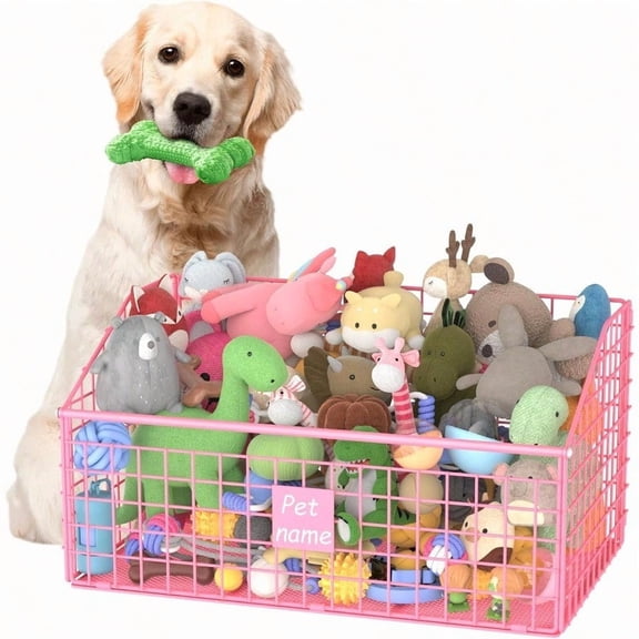 Indestructible Dog Toy basket Large Toy Bin for Dogs Pet Toy Bin Dog Metal Basket Organizer Storage for Toys Food Storage Pink