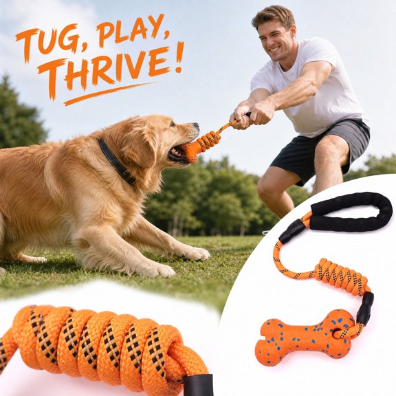 Indestructible Dog Toys for Large Dogs, Interactive Tug Rope with Handle, Durable ETPU Bone Chew Toy for Aggressive Chewers, Teeth Cleaning & Training Pet Toy
