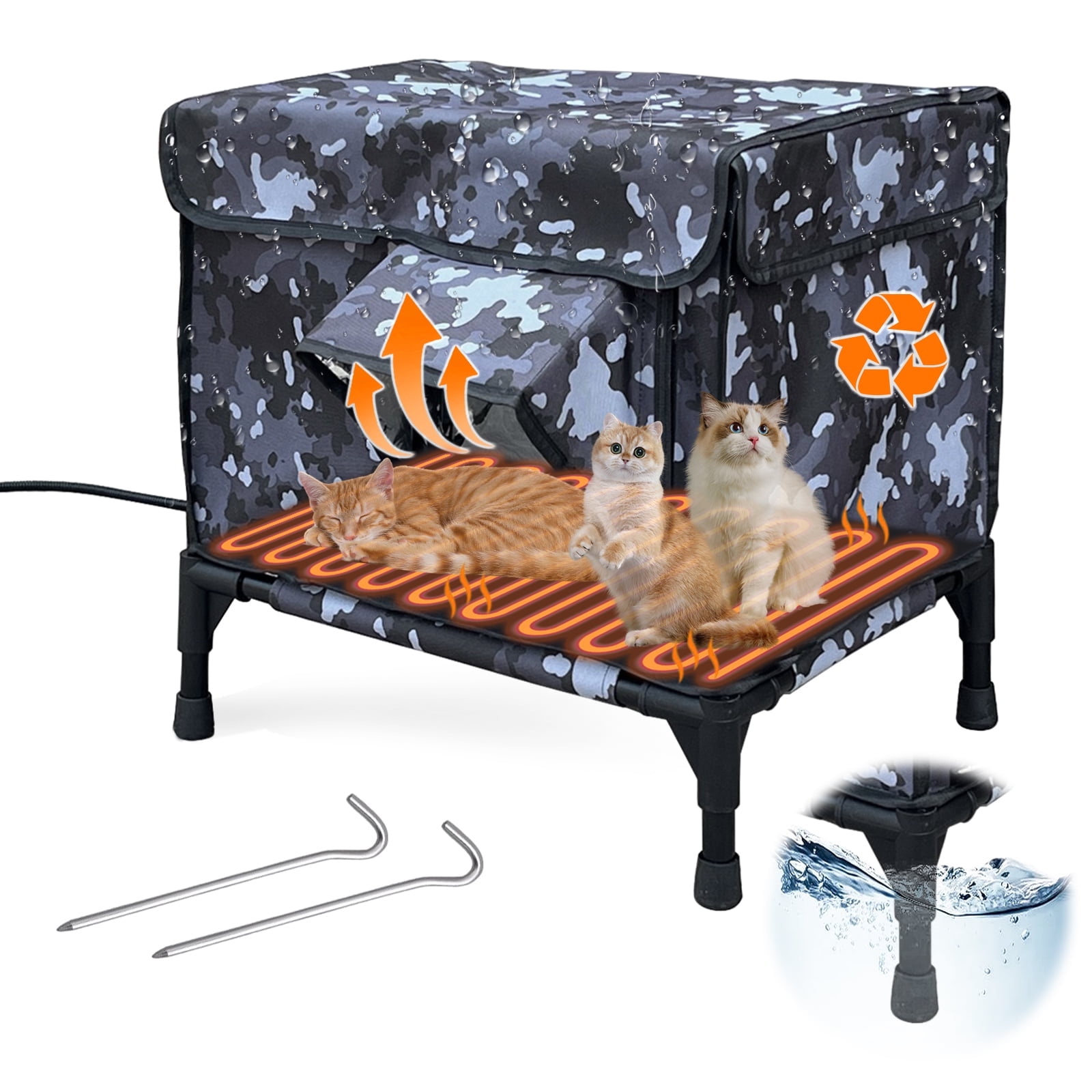 Indestructible Heated Cat House for Outdoor Cats in Winter, Stuffygreenus 100% Waterproof & Weatherproof Insulated Cat Shelter with Heater & Safe Escape Door for Feral and Barn Cats, S