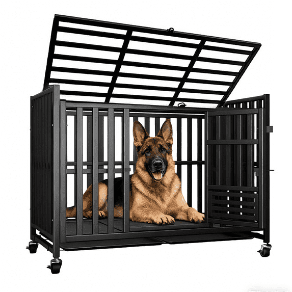 Indestructible Heavy Duty Dog Crate for Dogs, Escape-Proof Metal Kennel with Lockable Wheels & Removable Tray, Reinforced Steel Frame, Easy to Clean