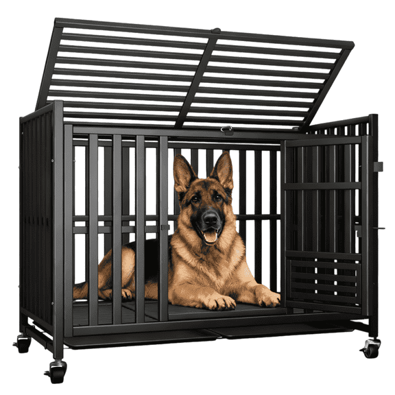 Pawdippity 42" Heavy Duty Dog Crate for High Anxiety Large Dogs with 4 Lockable Wheels, 3 Doors Escape Proof Kennel, 2 Removable Trays, Easy to Clean