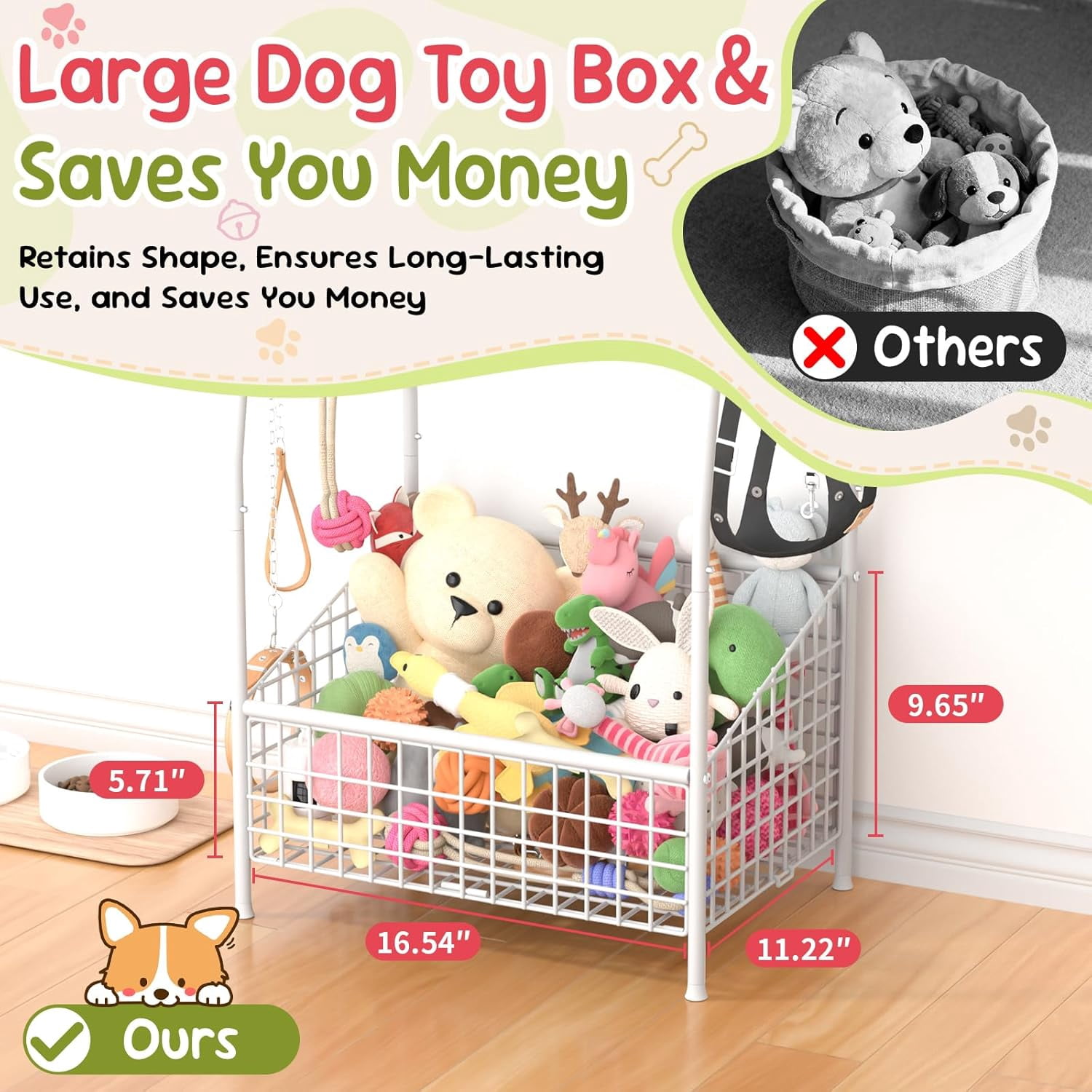 Indestructible Medium Dog Toy Basket - Rust Resistant Metal Wire Storage Organizer for Toys Food and Treats with Hooks