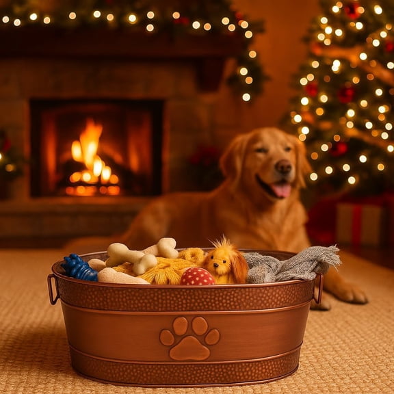 Indestructible Metal Dog Toy Bin - Copper Galvanized Storage Bin with Handles, Puppy Basket for Dog Storage, Blankets, & Leashes, Paw Pet Toy Box (25-Quart)