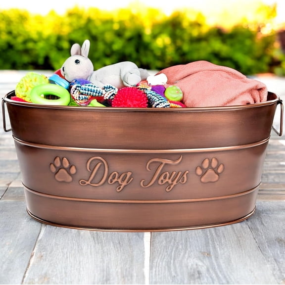 Indestructible Metal Dog Toy Bin - Galvanized Metal Bin with Handles for Accessory Storage - Pet Toy Basket, Blanket Basket - Storage Dog Toy Box, Farmhouse Decor (Copper - 25 Quart)