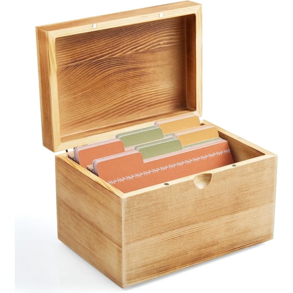 Index Card Holder, 3x5 Index Card Box, Wooden Index Card Organizer with 45 Dividers, Flashcard Notecard Holders for Home Office, Brown