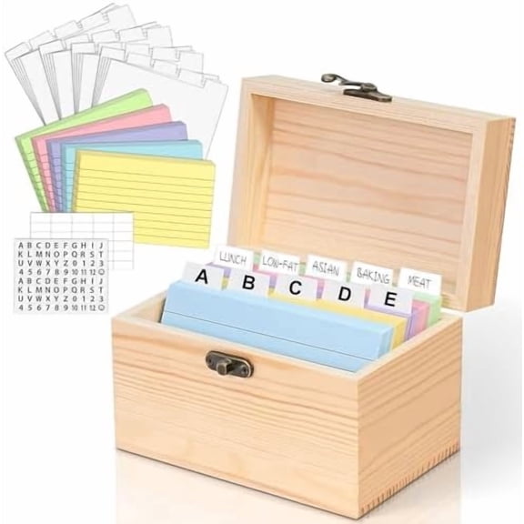 Index Card Holder 3x5, Wooden Origanizer Recipe Box with 100 PCS Flash Cards, 30 Plastic White Dividers, 1 Blank Sticker and 1 Letter Sticker, Flashcard Notecard Holders for Home Office