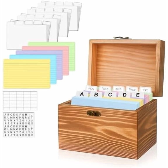 Index Card Holder 3x5, wooden Origanizer Recipe Box with 100 PCS Flash cards, 30 White Dividers, 1 Blank Sticker and 1 Letter Sticker, Flashcard Notecard Holders for Home Office