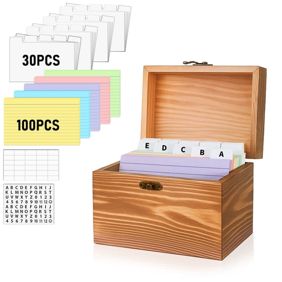 Index Card Holder 3x5, wooden Origanizer Recipe Box with 100 PCS Flash cards, 30 White Dividers, 1 Blank Sticker and 1 Letter Sticker, Flashcard Notecard Holders for Home Office