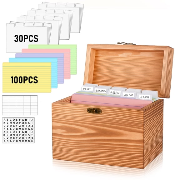 Index Card Holder 4x6, wooden Origanizer Recipe Box with 100 PCS Flash cards, 30 White Dividers, 1 Blank Sticker and 1 Letter Sticker, Flashcard Notecard Holders for Home Office