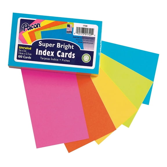 Index Cards, 5 Super Bright Assorted Colors, Unruled, 3" x 5", 100 Cards | Bundle of 5