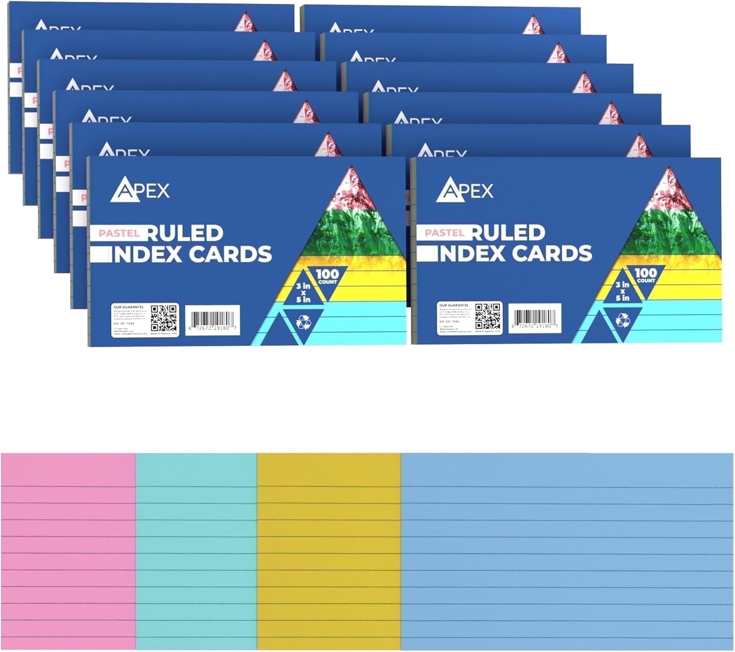 E-Clips USA 3” x 5” Index Cards Assorted Pastel Flashcards, 12-Pack (100 Cards Per Pack)