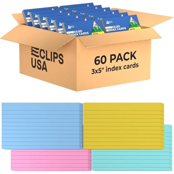 E-Clips USA 3” x 5” Index Cards Assorted Pastel Flashcards, 60-Pack (100 Cards Per Pack)