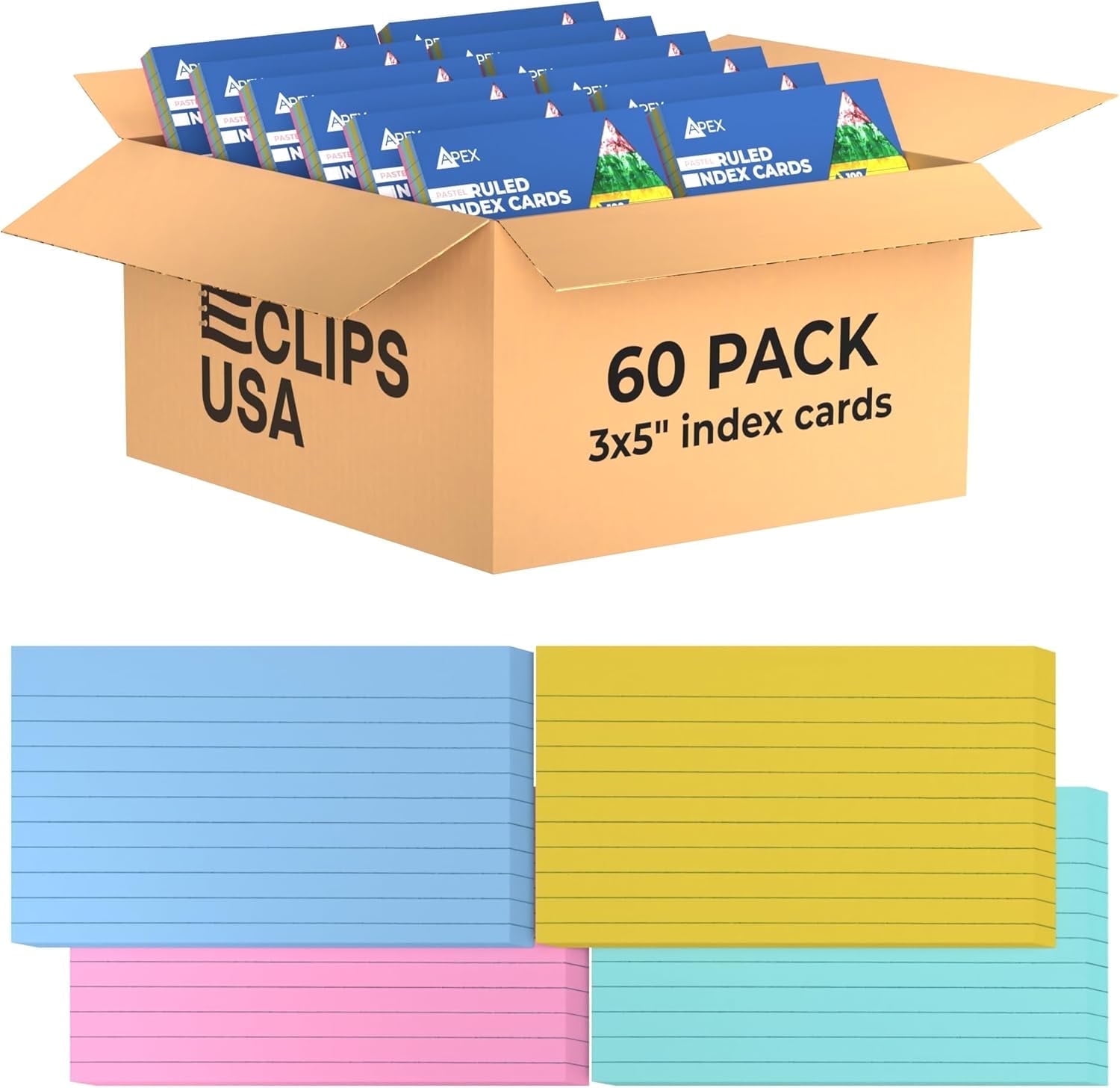 E-Clips USA 3” x 5” Index Cards Assorted Pastel Flashcards, 60-Pack ...